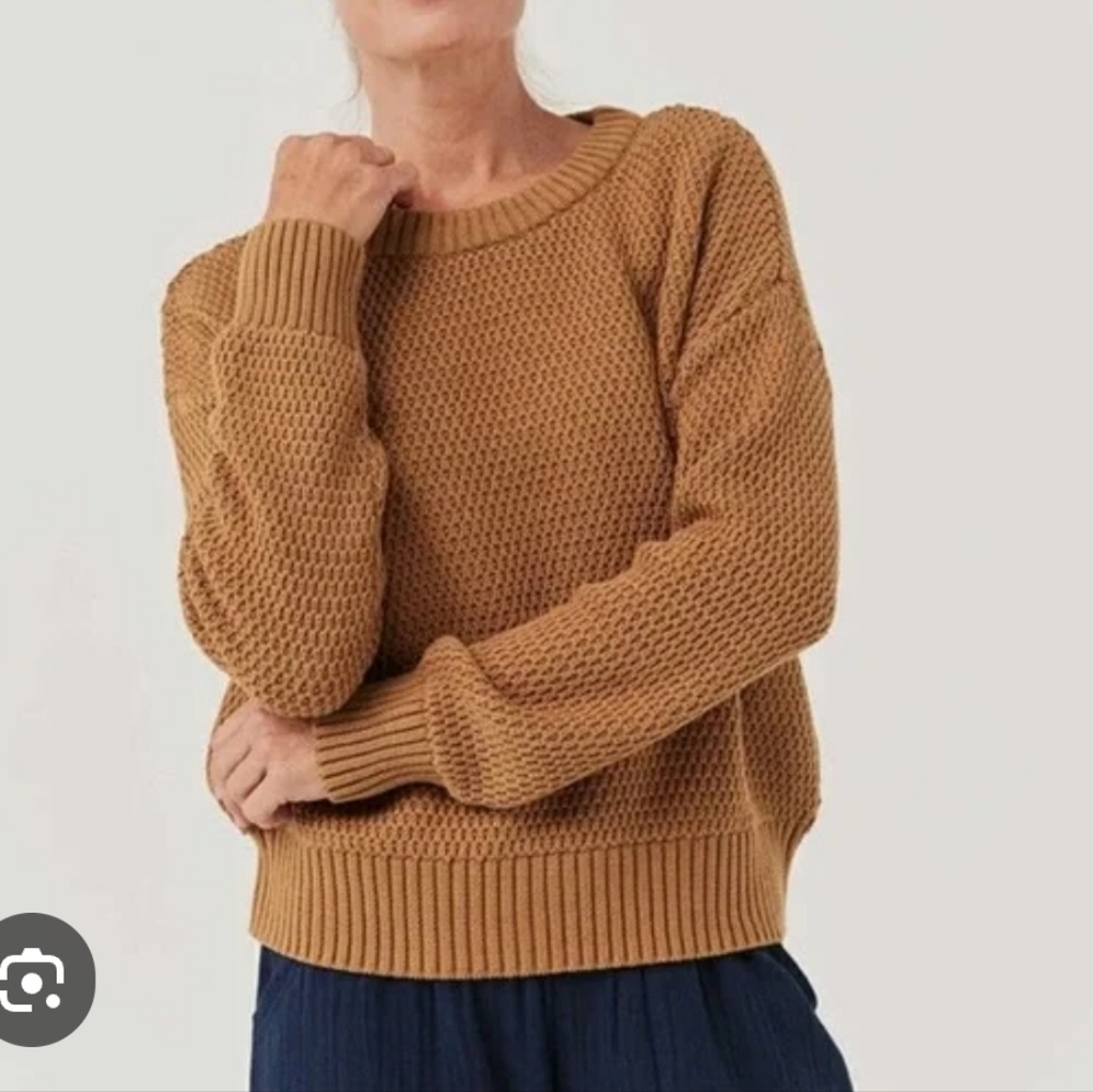Pact Organic Honeycomb Knit Crew Sweater S Camel